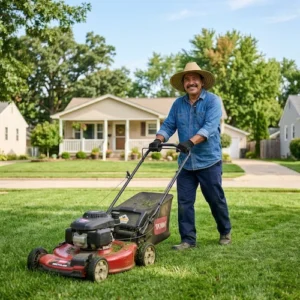 Optimización de procesos para Small Business con IA: podador mexicano de 50-60 años con sombrero ancho cuidando un jardín residencial.