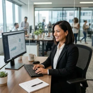 Optimización de procesos para Small Business con IA: ejecutiva latina en traje formal trabajando feliz en su computadora de oficina.