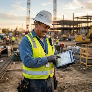Optimización de procesos para Small Business con IA: supervisor de obra mexicano consultando datos en su tablet en construcción.