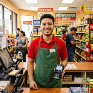 Optimización de procesos para Small Business con IA: tendero latino cobrando con datáfono en animada tienda multiservicios.